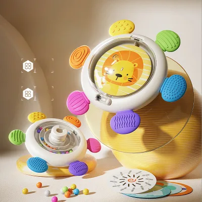 Baby Teething Ring Dining Table Soothing Rattle Suction Cup Spinning Toy with Card and Fidget Spinner Toy for Children