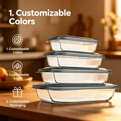 High Borosilicate Glass Baking Dish Set Plastic Lid Dishwasher Safe Oven Safe Rectangular Food Storage Tray Custom Logo