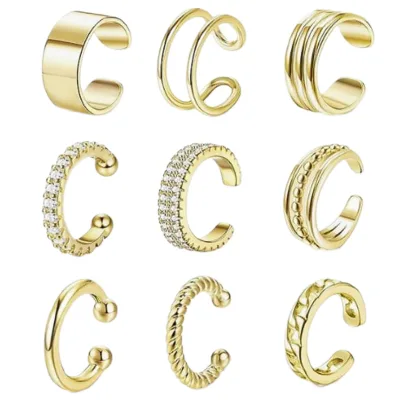 9pcs Set Non-Pierced Ear Cuffs Silver Adjustable Round Hoop Clip-on Earrings No-Hole Cartilage Ear Jewelry Set for Women
