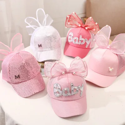 Cute Girls Sequin Baseball Cap with Rabbit Ears and Big Bow Pearl Summer Breathable Mesh Sun Hat Kids Princess Snapback Hats