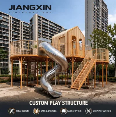 Steel Play Structure Double Tower Playground with Spiral Slide