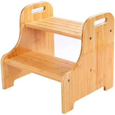 Adjustable Foot Rest Foot Stool Under Bamboo 2 Step Stool with Non-Slip Step Treads and 2 Cutout Handles