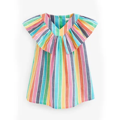 Children's Colorful Stripe Summer Dress Little Girl Mini Dress with V-Neck Flare Sleeve Linen Frocks Casual Kids Clothing