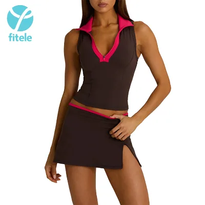 Solid Zipper Seamless Lightweight Breathable Yoga Vest Set Fitness Sports Short Skirt Vest Two-Piece Anti-Exposure Training