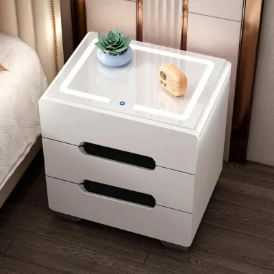 Bedroom Furniture Smart Bedside Table with White LED Light, Storage, Minimalist, Wireless Charging, Multifunctional