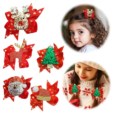 Children's Christmas Side Hair Clips Xmas Tree BowKnot Santa Claus Elk Barrette Cute Festive Holiday DressUp Hair Accessories