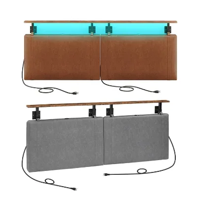 King Size Headboard with PU Upholstery, Wall Mount Hanging Headboard with USB Ports and LED Light for Bedroom Bar Entryway