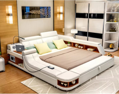 Bedroom King Size Sleeping Bed Villa House Bedroom Headboard Leather Double Bed Intelligent Modern Genuine Leather Bed