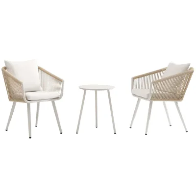 Modern Rope Weaving Outdoor Bistro Set 3 Pcs Beige Cushion Hotel Villa Patio Aluminum Leisure Garden Furniture