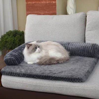 Striped Faux Rabbit Fur Cat & Dog Bed with Back Cushion, Removable Washable Cover, Memory Foam Filled Sofa Pet Mat