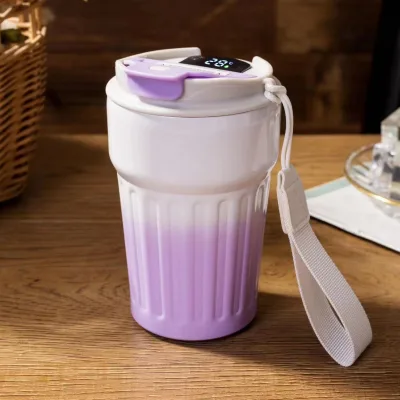 400ml Smart Striped Stainless Steel Coffee Mug Modern Design Portable Vacuum Insulated Cup Temperature Display Electronic Type