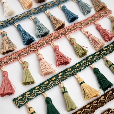 High-end European-style Eco-Friendly 100% Polyester Curtain Tassel Lace Trim Three-color Hanging Spike Tassel Trimming 10m