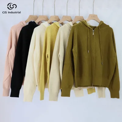 Ladies Zip up Cardigans Hoodie Sweater Custom logo Pure Color High Quality Pullover Knitted Ribbed Casual Hooded Jacket