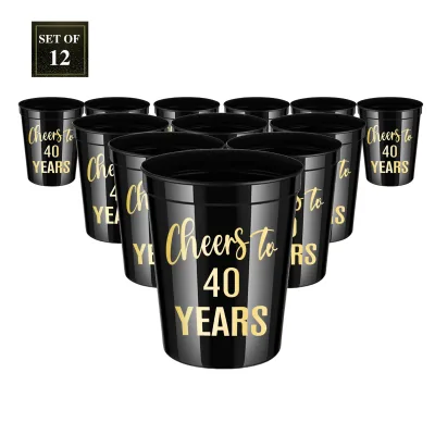 12 Pack 16oz Black Cheers to 40 Years Plastic Party Cups 40th Birthday Decorations for Men and Women Anniversaries