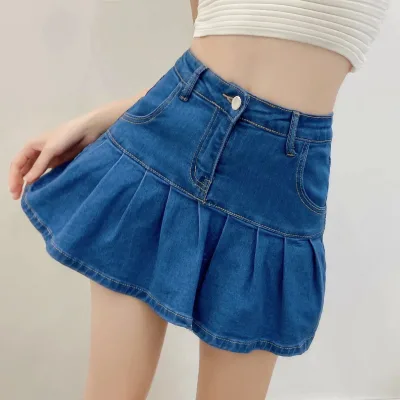 Womens White High Waisted Denim Skirts Y2K Pleated Jeans Shorts a Line Ruffle Skirt School Uniform Dress Pants