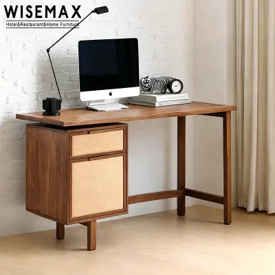 WISEMAX FURNITURE Nordic Vintage Styke Home Study Table Bedroom Wooden Rattan Office Desk Table for Hotel Office Villa