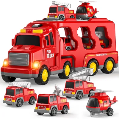 5 in 1 Toy Carrier Fire Truck Transport Friction Toy Vehicles with Fire Plane Toy for Kids Christmas Birthday Gifts