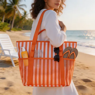 Fashion Stripe Tote Bag Waterproof Large Capacity with Mesh Pocket Double Handles for Women Travel Shopping
