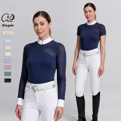 New Arrival Women Half Zip Stretchy Horse Riding Shirt Training Competition Wear Mesh Panel Slim Fit Equestrian Long Sleeve