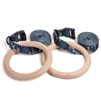 Customized Logo Gymnastics Gym Ring with Straps to Exercise Wooden Gym Rings