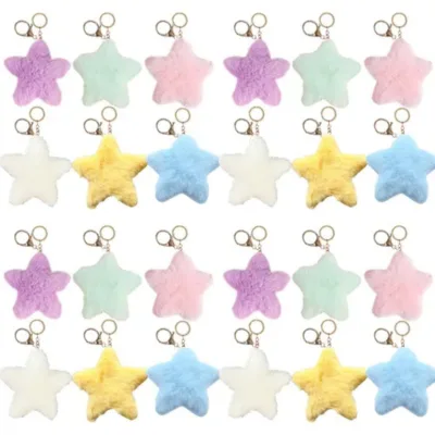 3D Star Pastel Fluffy Plush Star Keychain Soft Faux Fur Five-pointed Star Bag Charm Pendant for Backpack Car Key Girls Cute Gift