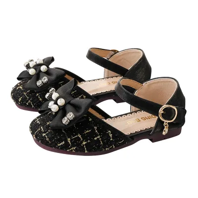Xi girl Cute Bow Soft Bottom Buckle Flat Shoes  Girls  Princess pearl bow shoes