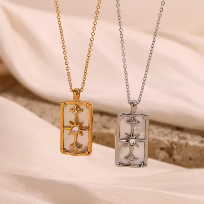 Niche Designs Octagram Pendant Rhinestone Necklace Jewelry 18K Gold Plated Stainless Steel Polar Star Tarot Necklace for Women