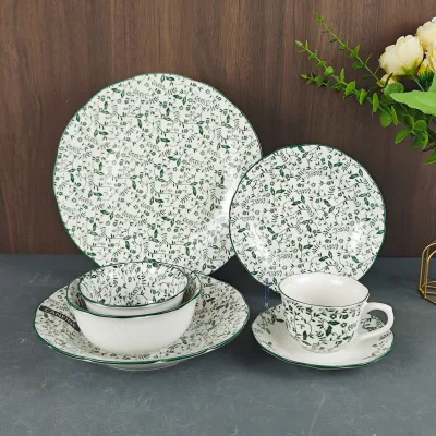 Nordic Style Light Green Cut Edge 30pcs Dinnerware Set Dishes Plate Bowl Cup and Saucer for Party