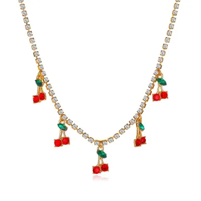 Cute Crystal Cherry Pendant Necklace for Women Girls Fashion Fruit Charms Necklaces Rhinestone Choker Jewelry Party Gifts