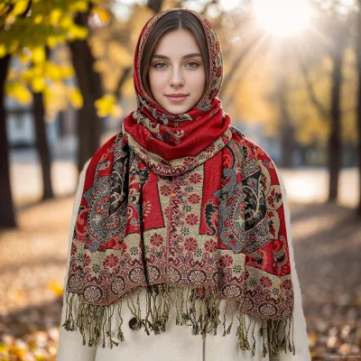 National Style Large Tassel Vintage Hijab Printed Reversible Shawl Jacquard Paisley Pashmina Ethnic Scarves Shawls