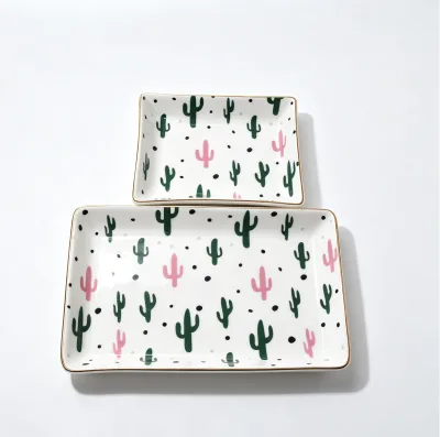 Rectangle White Popular Design Gold Edge Ceramic Dinner Cactus Tree Pattern Eco-friendly Recyclable Dish for Hotel Restaurant