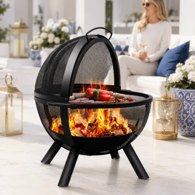 Spherical Matte Black Mesh Globe with Hinged Hood Grill Grate 4 Leg Wood Burning Outdoor Iron Fire Pit