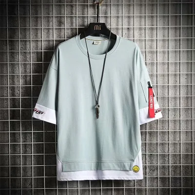 Men Faux Two Piece Patchwork T Shirt Pocket Decor Crew Neck Loose Streetwear Short Sleeve Tee