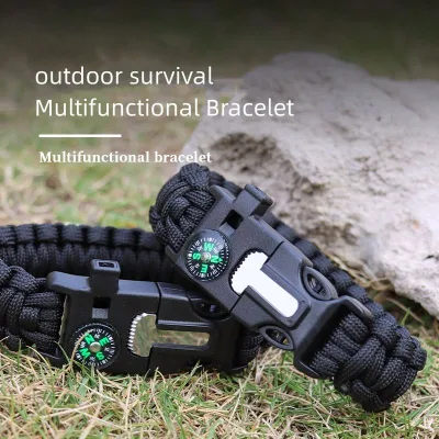 Portable Outdoor Survival Bracelet Multi-function Emergency Kit with Flint Fire Starter Compass Whistle for Camping (Polyester)
