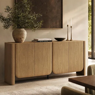 4 Door Sideboard Cabinet, MDF Oak Veneer Curved Rounded Buffet Credenza, 177cm Living Room Storage Cabinet