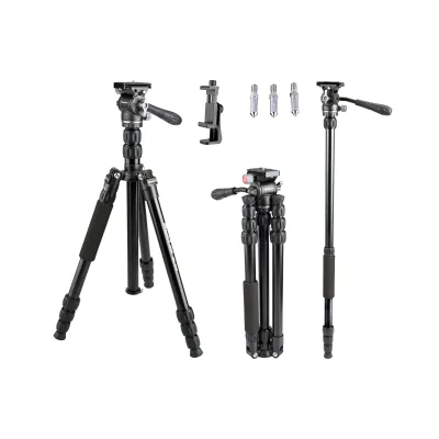 2-in-1 Video Tripod Monopod with Mini Fluid Head Portable Aluminum Camera Tripod Ideal for Travel, Video, Vlogging