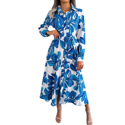 Women Summer Vintage Floral Lapel Lace-up Shirt Skirt Long Dress