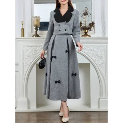 Vintage High-Waisted Bow-Decorated Two-Piece Set Long Dress and Short Blazer for Women for Formal Occasions