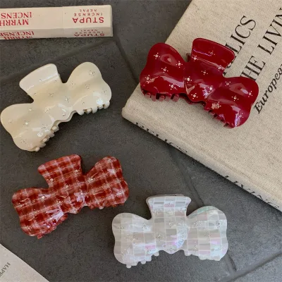 Korean Style Inlaid Rhinestone Bow Hair Claw Clips Checkered Acetate Hair Clips For Ladies Daily Hair Use
