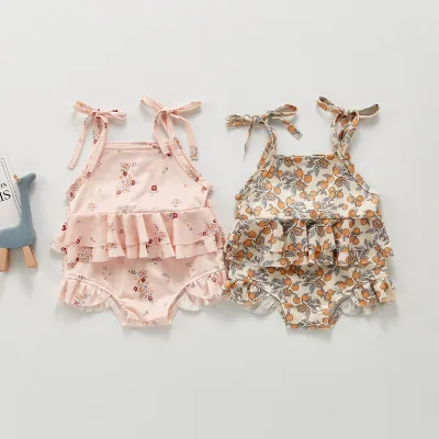 2022 Colors Hot Selling Wholesale Cute Floral Printed Bikini One-piece Long Sleeves Suspenders Two-piece Baby Girl Swimsuit