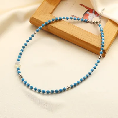 Turquoise Steel Steel Round Bead Choker White Rice Bead Necklace Vintage Women's Natural Stone Rice Beaded Necklace