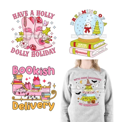 Merry Christmas Bookish Reading Season Holly Jolly Festive Holiday Iron on DTF Transfers Stickers Ready to Press for T-shirts