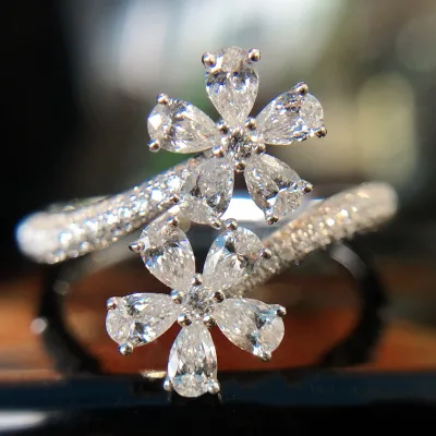 High-End Luxury Women's Fashion Ring Cross-Border INS Style Water Drop Brass Inlaid Zircon Flower Ring for Socialite