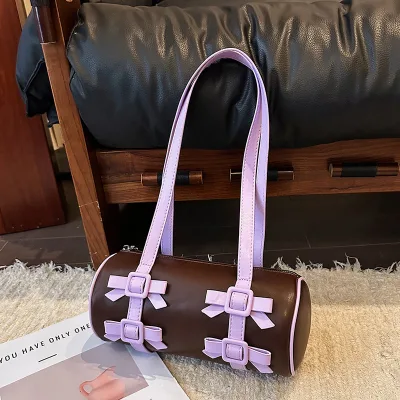 Women's PU Leather Y2K Bowling Bag Bow Boston Large Contrast Color Underarm Shoulder Bag Korean Popular Bag for Work & Daily