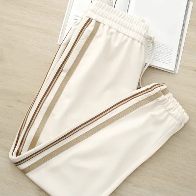 Solid Color Striped Knitted Sports Pants for Men and Women, Autumn Loose Drawstring Casual Ankle Pants