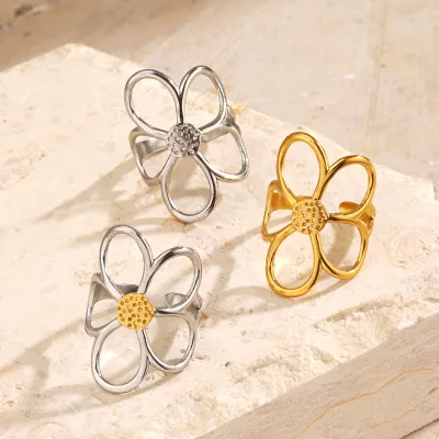 European and American Fashion Trend Stainless Steel Flower Ring Personalized Hip Hop Flower Stainless Steel Ring for Women