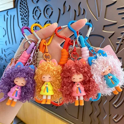 New Cartoon Cool Claw Machine Doll Toy Keychains Bag Pendant Gifts Cute Fur Long Curly Hair Girl Keychain