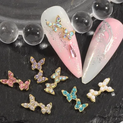 Wholesale New Alloy 3D Diamond Inlaid Double Butterfly Nail Accessories Metal Colored Butterfly Nail Art Charms