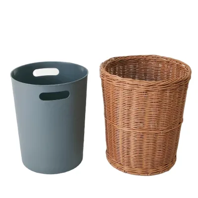 Round PP Rattan Iron Trash Cans Garbage Can Office Recycling Storage Bucket Trash Bin for Home Decor Hotel Supplies