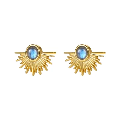 S925 Sterling Silver Sunburst Stud Earrings with Labradorite Gemstone Vintage Luxury Radiant Light Design Jewelry Wholesale